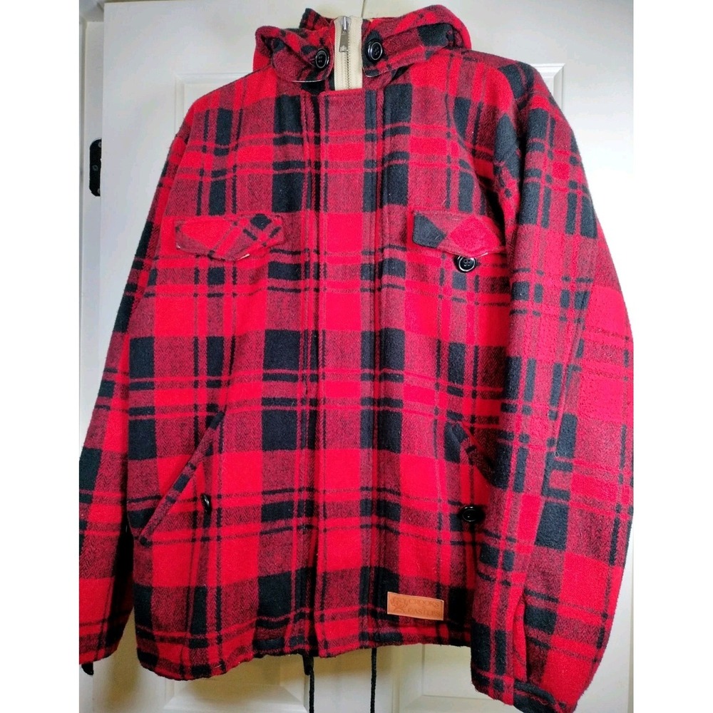 Crooks & Castles Red Black Buffalo Plaid Wool Blend Hooded Jacket Coat XL